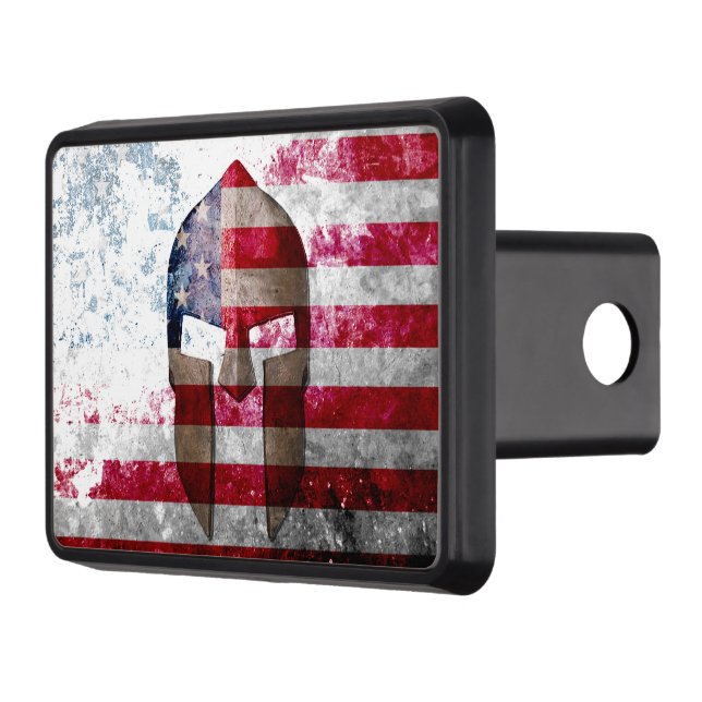 Spartan Helmet on Distressed American Flag. Hitch Cover (Left)