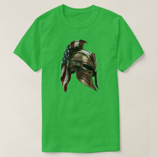 Spartan Helmet with an American Flag T-Shirt (Design Front)