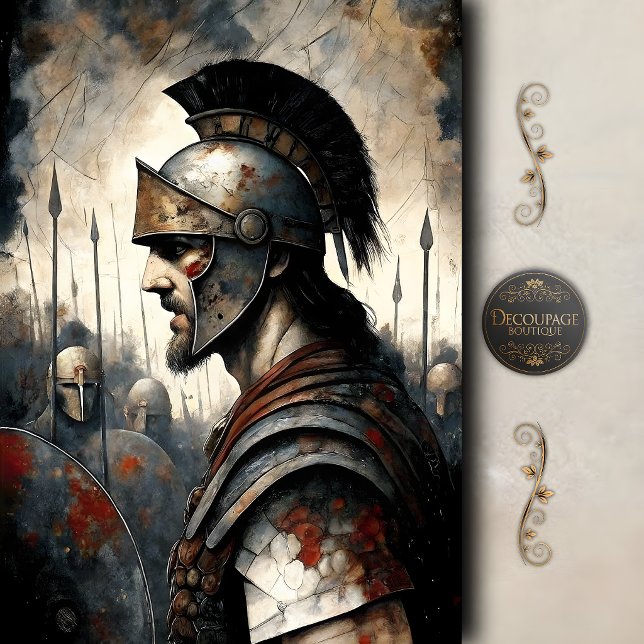 Spartan Warrior Helmet Battle Scene Decoupage Tissue Paper (Spartan Warrior Helmet Battle Scene Decoupage Tissue Paper)