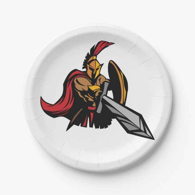 Spartan Warrior Mascot Bold Red and Gold Paper Plates (Front)