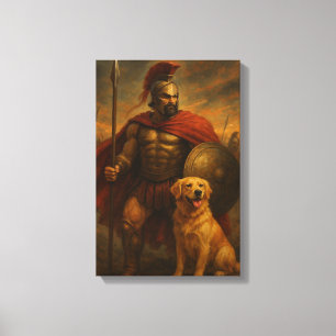 Spartan Warrior with Loyal Dog in Battle Scene Canvas Print