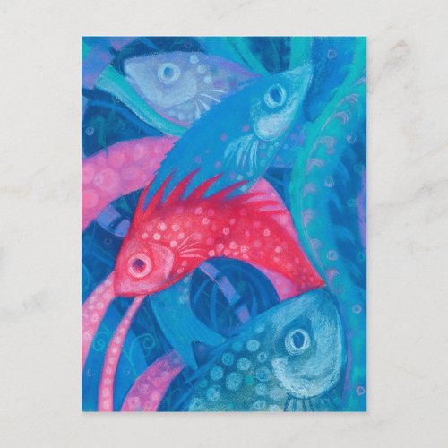 Spawning, Fish, Pink & Blue, Underwater Painting Postcard