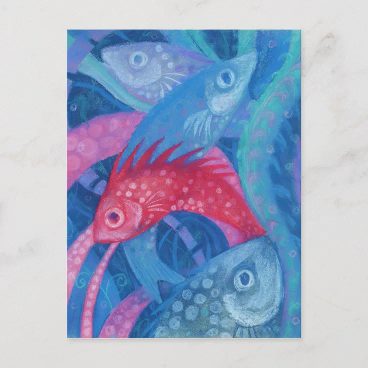 Spawning, Fish, Pink & Blue, Underwater Painting Postcard