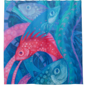 Spawning, Fish Underwater Art Painting Pink Blue Shower Curtain