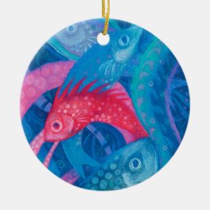 Spawning, fish, underwater art, pastel, blue, pink ceramic ornament
