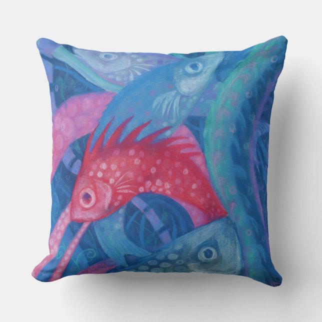 Spawning, fish, underwater art, pastel, blue, pink throw pillow (Front)