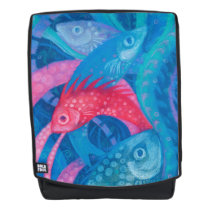 Spawning, fishes, underwater art, blue, pink, mint backpack