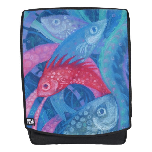 Spawning, fishes, underwater art, blue, pink, mint backpack (Front)