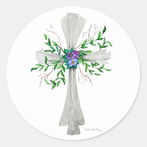 Speak Jesus Grey Cross with Flowers Classic Round Sticker