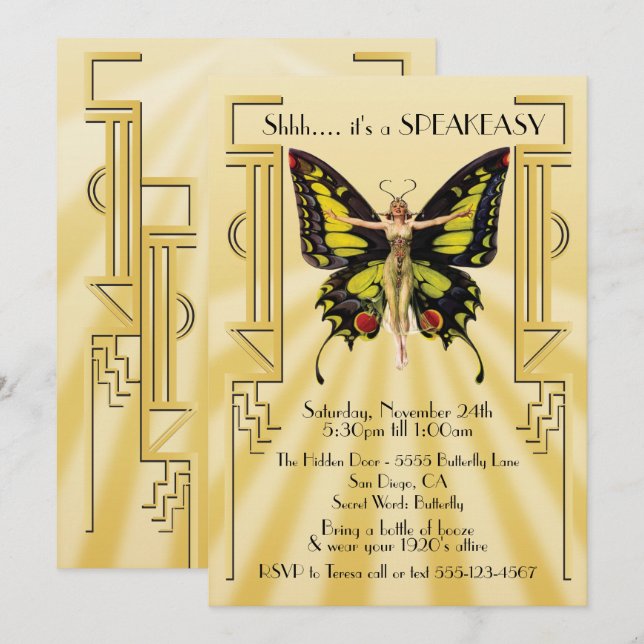Speakeasy Butterfly Flapper Great Gatsby Party Invitation (Front/Back)