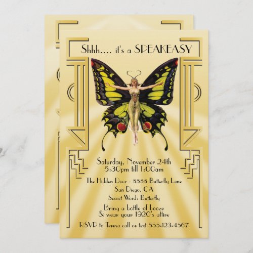 Speakeasy Butterfly Flapper Great Gatsby Party Invitation