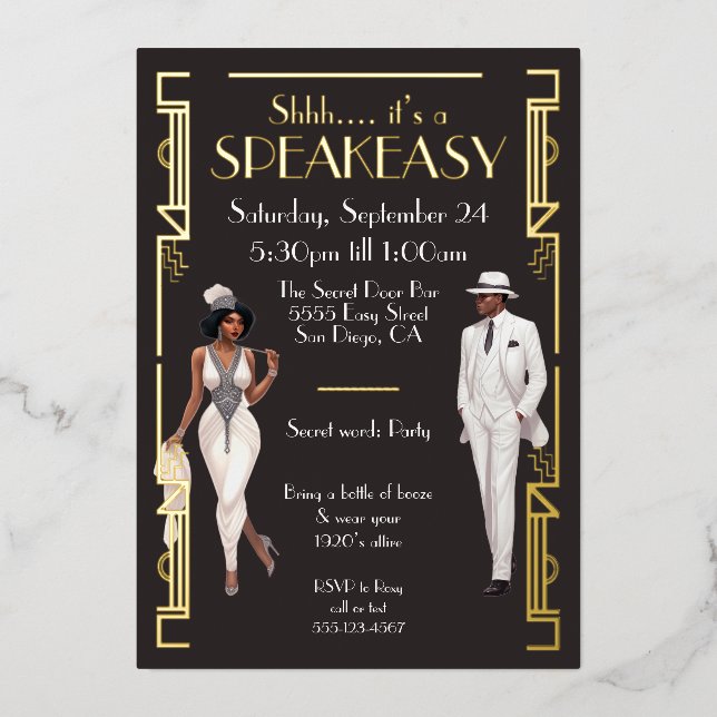 Speakeasy Flapper Party African American Black Foil Invitation (Front)