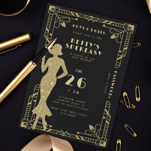 Speakeasy Flapper Roaring 20s Gatsby Gold Birthday Invitation
