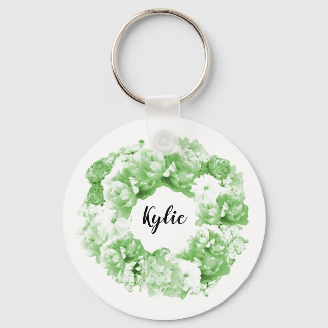 Spearmint Green Floral Wreath Bridesmaid Keychain (Front)