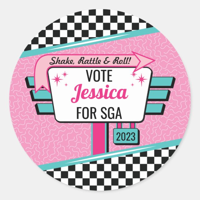 Special 1950's Retro Diner Pink & Teal Sock Hop Classic Round Sticker (Front)