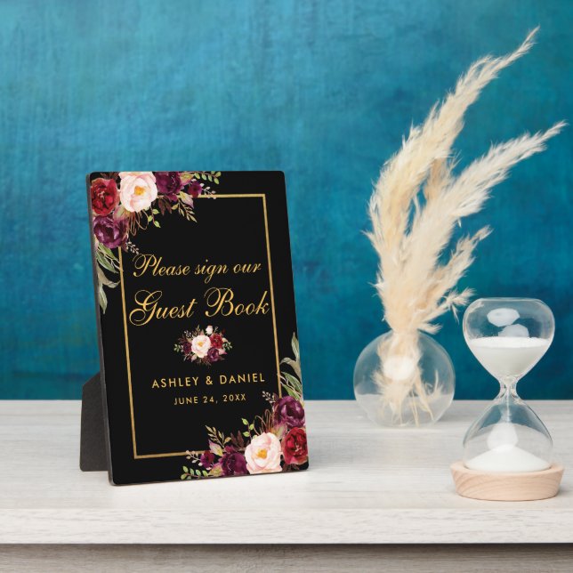 Special 5x7 Burgundy Black Gold Wedding Guestbook Plaque (Side)