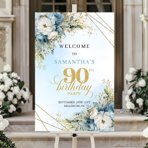 Special Boho dusty blue gold 90th birthday welcome Poster