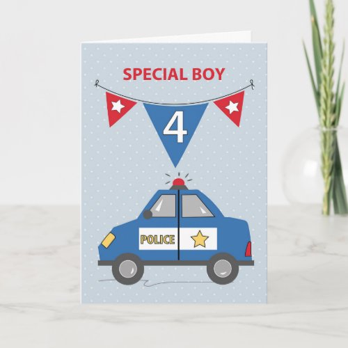 Special Boy 4th Birthday Blue Police Car Card