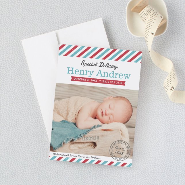 Special Delivery Baby Boy Aqua Red Photo Birth Announcement (Creator Uploaded)