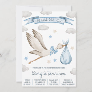 Special Delivery! Baby Boy Blue Stork Baby Shower Invitation