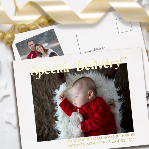 Special Delivery Baby First Christmas Photo Gold Foil Holiday Postcard