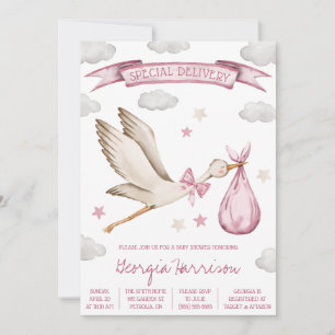 Special Delivery! Baby Girl Pink Stork Baby Shower Invitation