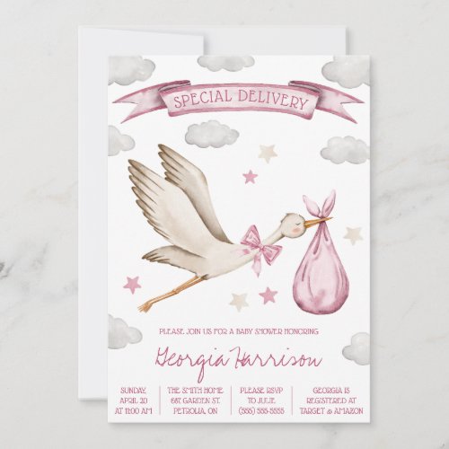 Special Delivery Baby Girl Pink Stork Baby Shower Invitation