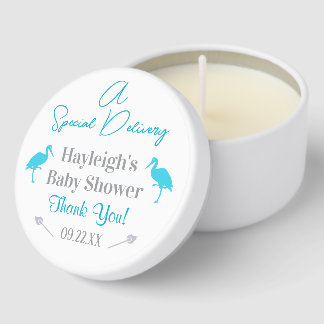 Special Delivery Baby Shower Blue Storks Custom Mini Candle Favors