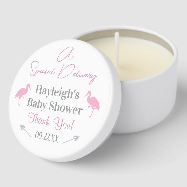 Special Delivery Baby Shower Pink Storks Custom Mini Candle Favors (Corner)