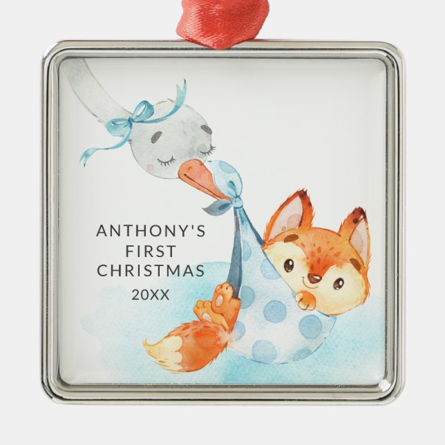 Special Delivery Baby's First Christmas Fox Metal Ornament (Front)