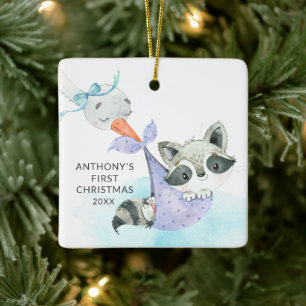 Special Delivery Baby's First Christmas Raccoon Ceramic Ornament
