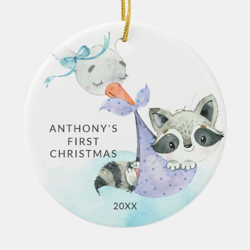 Special Delivery Babys First Christmas Raccoon Ceramic Ornament