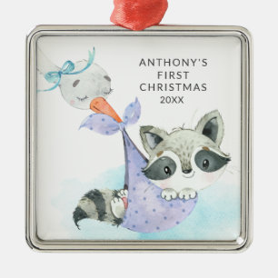 Special Delivery Baby's First Christmas Raccoon Metal Ornament
