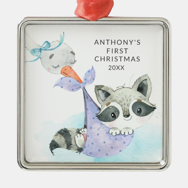 Special Delivery Baby's First Christmas Raccoon Metal Ornament (Front)