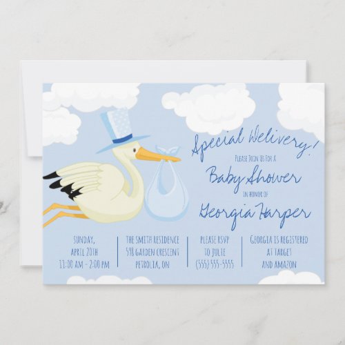 Special Delivery  Blue Stork Baby Shower Invitation