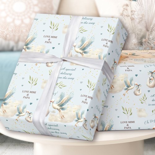 Special Delivery Blue Stork New Baby Name Text Wrapping Paper