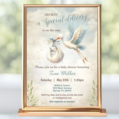 Special Delivery Blue Vintage Stork Baby Shower Invitation