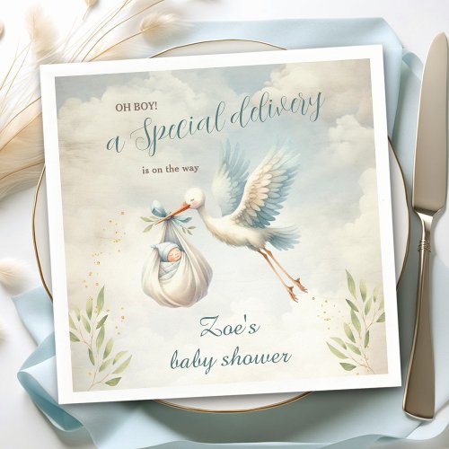 Special Delivery Blue Vintage Stork Baby Shower Napkins