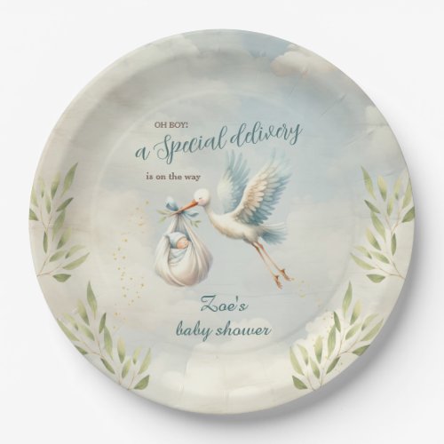 Special Delivery Blue Vintage Stork Baby Shower Paper Plates