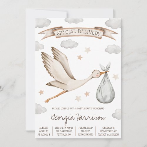 Special Delivery  Brown and Tan Stork Baby Shower Invitation