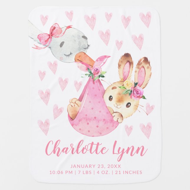 Special Delivery Bunny Rabbit Birth Stats Baby Blanket (Front)