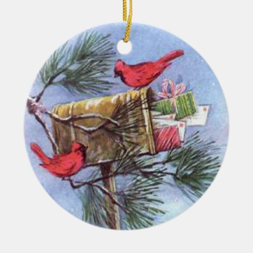 Special Delivery Cardinals at a Snowy Mailbox Ceramic Ornament