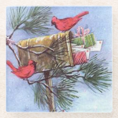 Special Delivery Cardinals at a Snowy Mailbox Glass Coaster