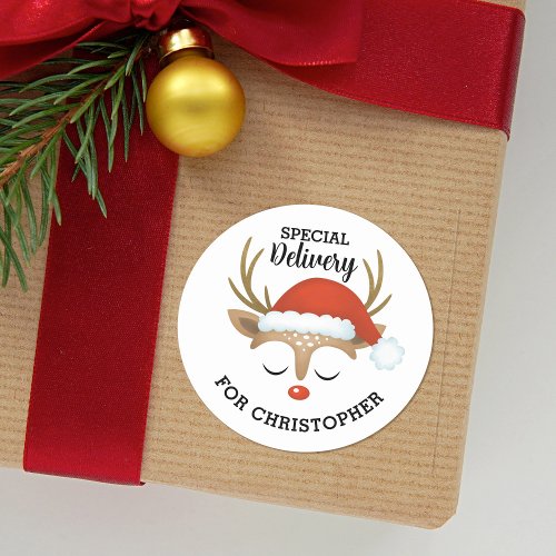 Special Delivery Christmas Cute Kids Reindeer  Classic Round Sticker