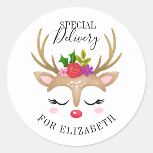 Special Delivery Christmas Cute Reindeer Face Classic Round Sticker