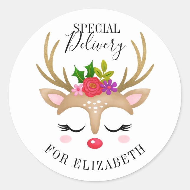 Special Delivery Christmas Cute Reindeer Face Classic Round Sticker (Front)