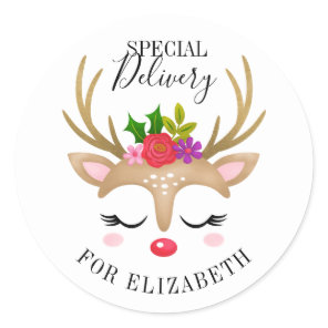 Special Delivery Christmas Cute Reindeer Face Classic Round Sticker