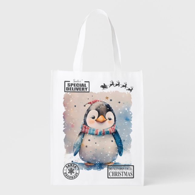 Special Delivery Christmas Penguin Santa Sack Grocery Bag (Front)