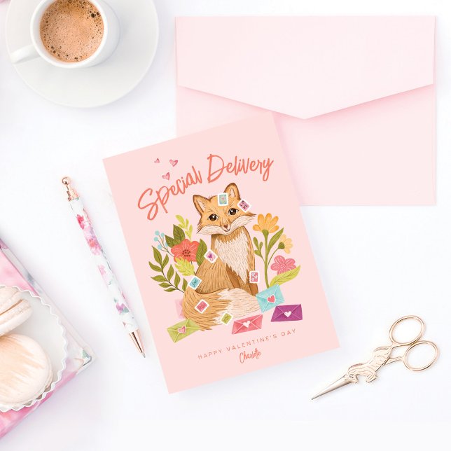 Special Delivery Cute Valentines Day Fox & Florals Holiday Card (Creator Uploaded)