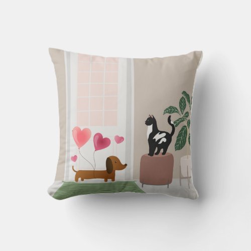 Special Delivery Dachshund with Heart Balloons  Throw Pillow